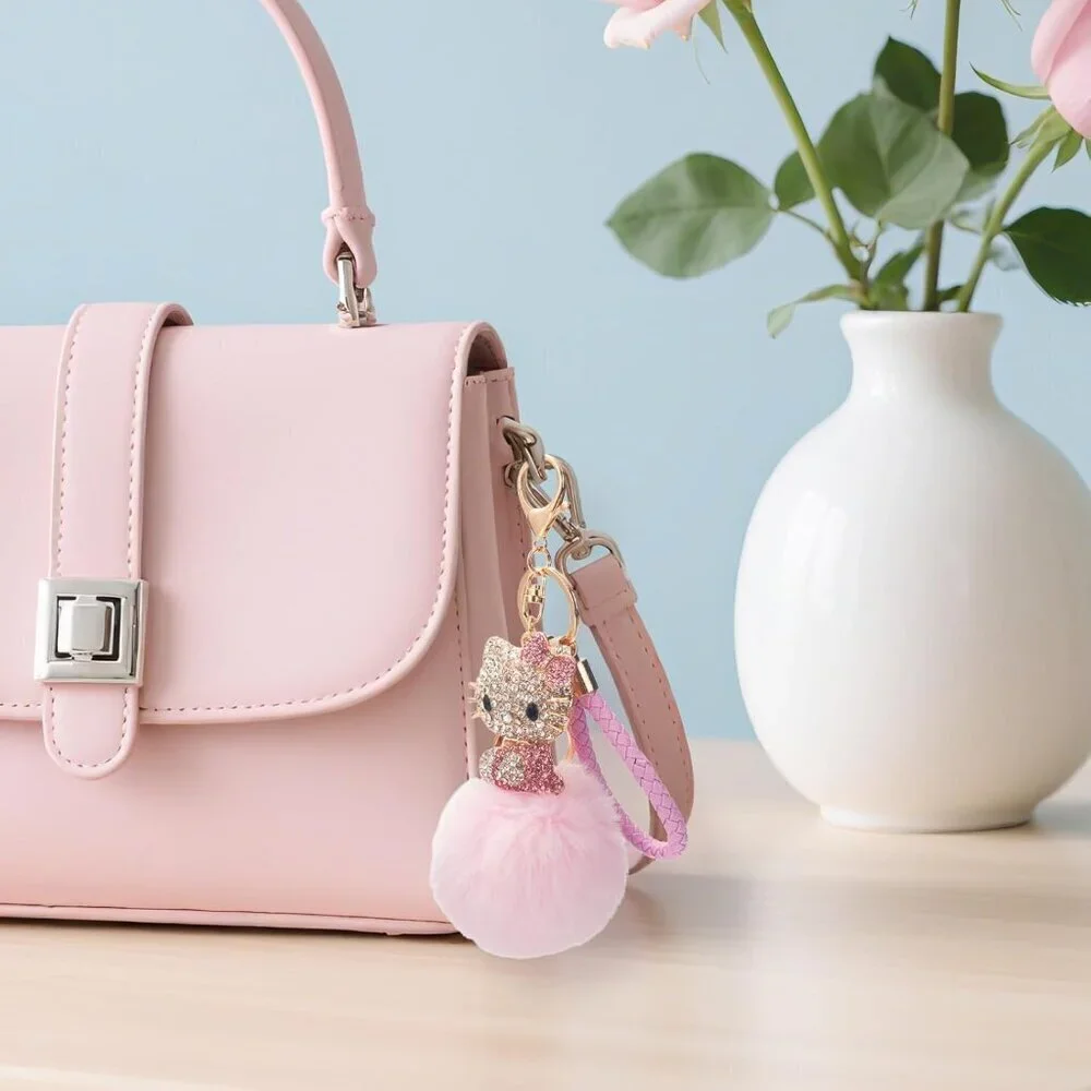 Pink Pom Pom Keychain for Women Girls Kawaii Fluffy Bag Charm Decor
